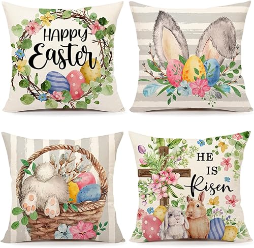 4TH Emotion Juego de 4 fundas de almohada grises de Pascua de 16 x 16 pulgadas, diseño de huevos florales de conejo con texto en inglés «He is