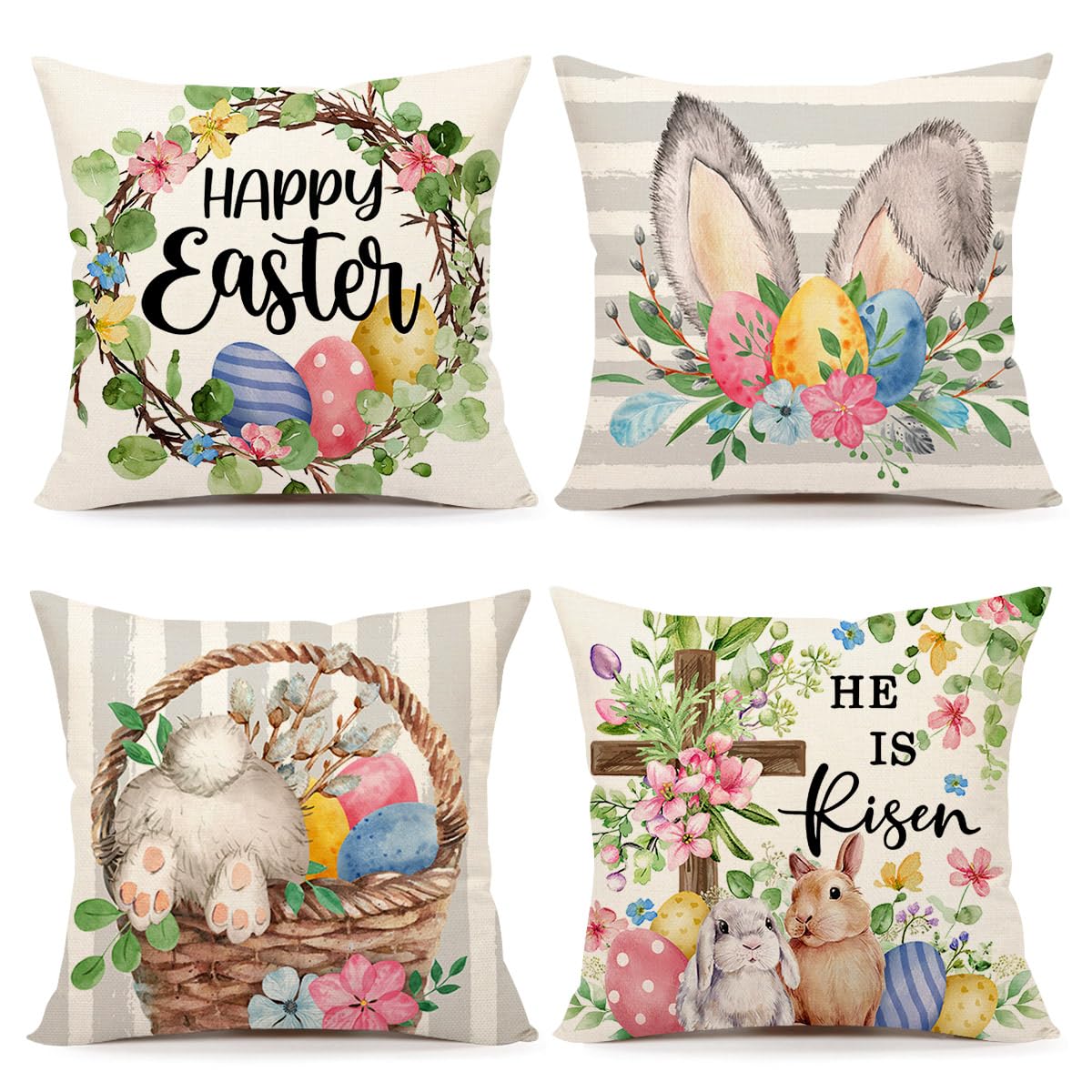 4TH Emotion Gray Easter Pillow Covers 18x18 Set of 4, He is Risen Bunny Floral Eggs Farmhouse Decorations Spring Holiday Decor Throw Cushion Case for
