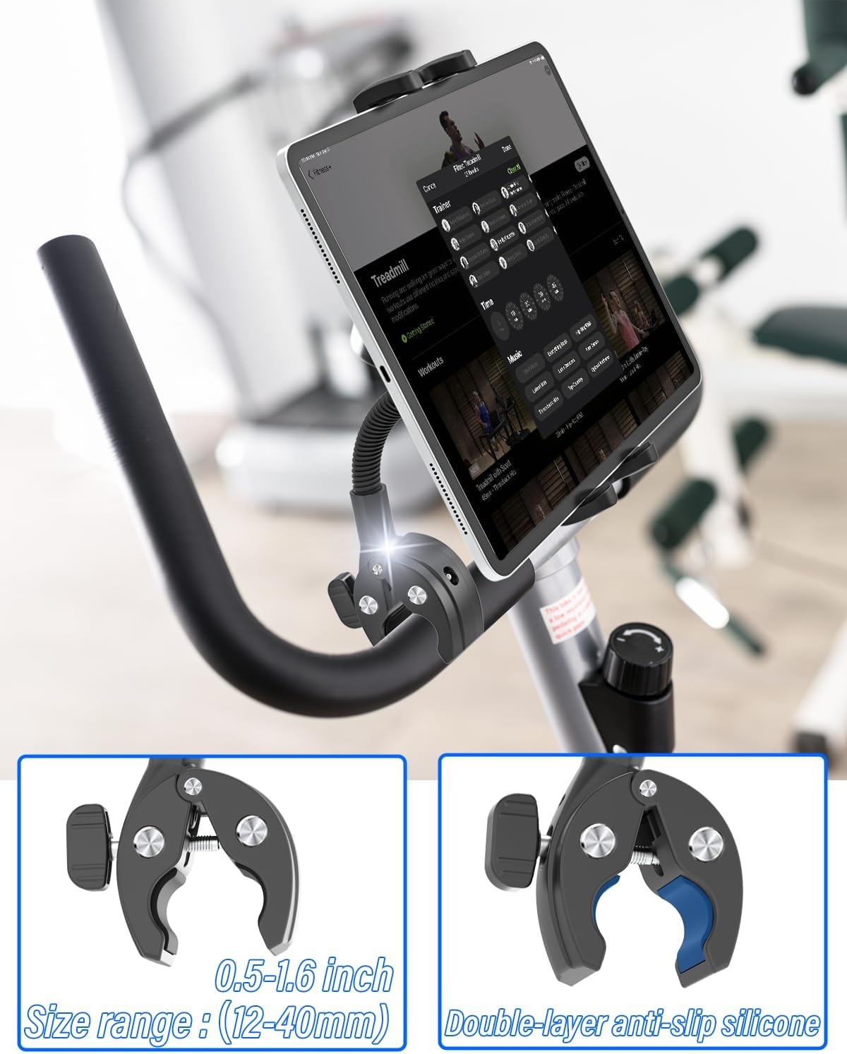 Charchendo Metal Gooseneck Tablet Mount with Anti-Slip Silicone, Universal Clamp-On Round Tube iPad Holder for Indoor Cycling Bike, Gym Bike, Elliptical & Rowing Machine, Fits 4-13in Tablets & More