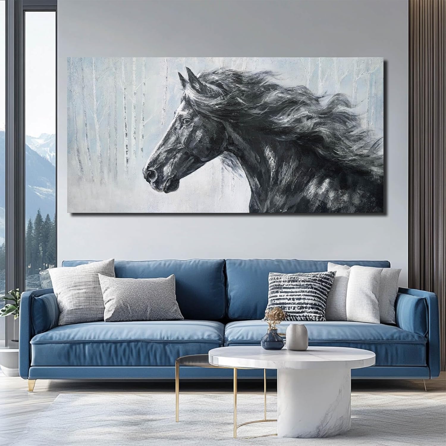ZHENGYIN Large Black and White Horse Canvas Wall Art, Western Equine Portrait Artwork, Rustic Western Farmhouse Wall Decor for Living Room Office, Above Sofa, 24x48 Inch