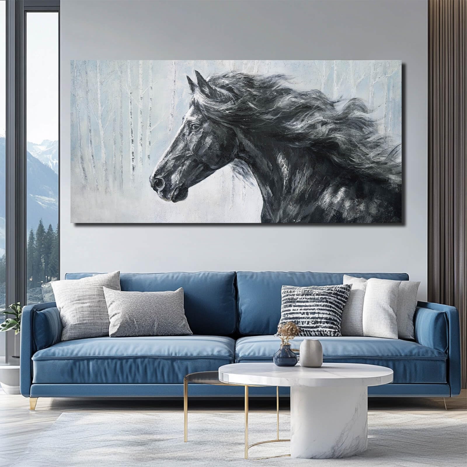 ZHENGYIN Large Black and White Horse Canvas Wall Art Western Equine Portrait Artwork Rustic Western Farmhouse Wall Decor