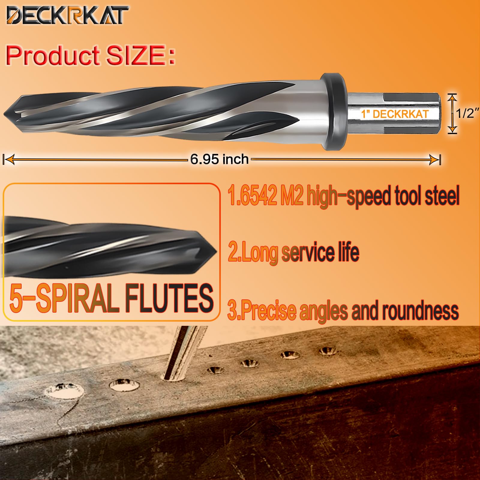 Broca escariadora de 1 pulgada para metal, escariador cónico HSS M2 para acero, aleación, madera, plástico para alinear, ampliar agujeros – 5 flautas en espiral, vástago antideslizante de 1/2 pulgada,