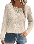 Women Lace V Neck Long Sleeve Pullover Sweaters Casual Lace Splicing Shirt Blouse Lightweight Knit Solid Jumper Tops