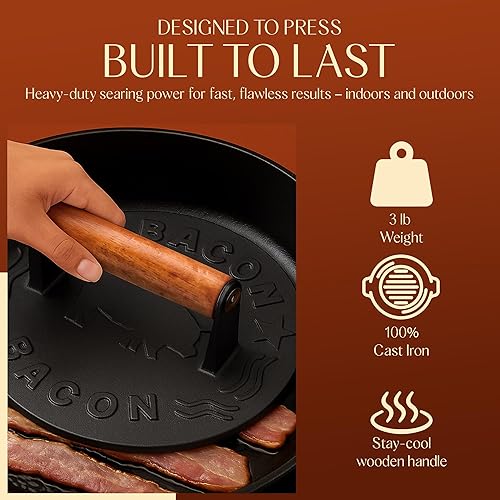 Miniatura 3 de Prensa de hamburguesas de hierro fundido resistente de 8.5 pulgadas, prensa redonda para hamburguesas, prensa para parrilla para cocinar
