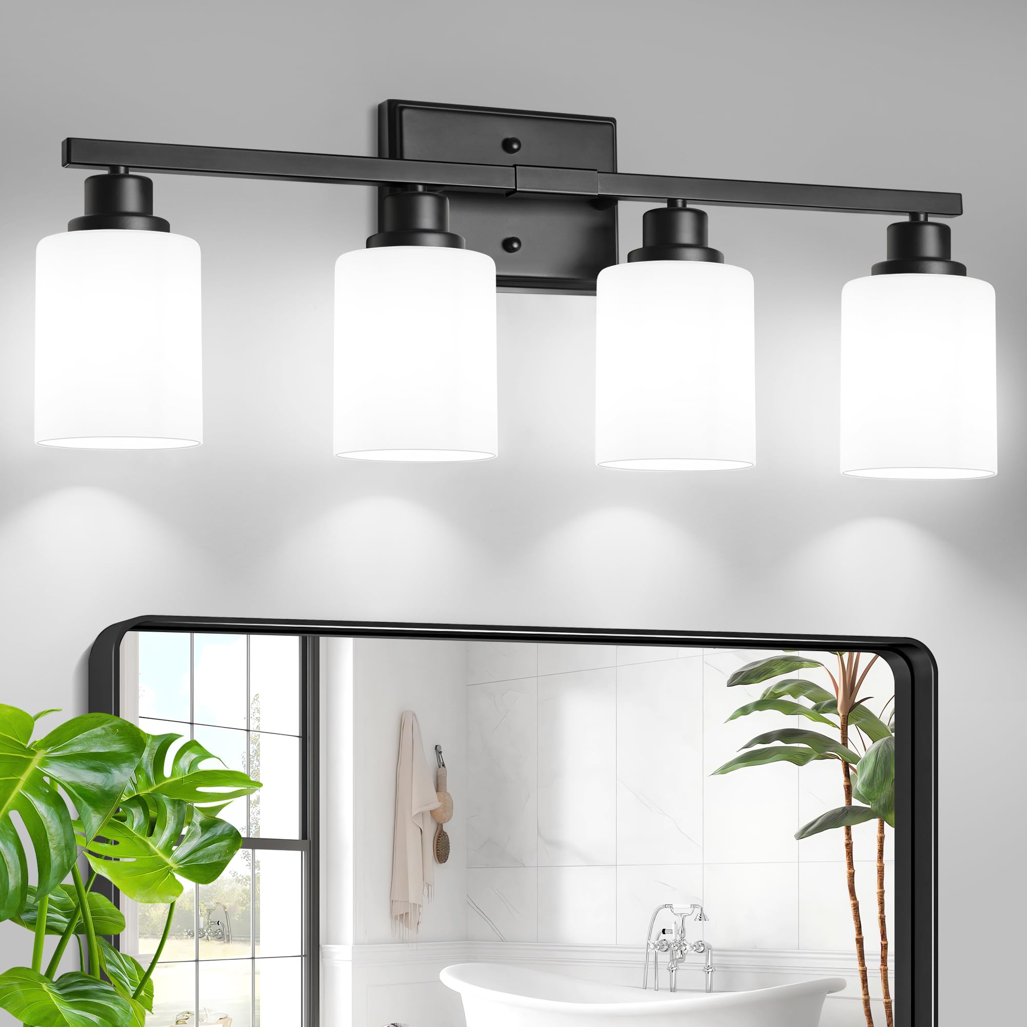 Unicozin 4-Light Bathroom Light Fixtures, Modern Black Vanity Light Over Mirror, Wall Sconces with Milky White Glass Shades for Living Room Bedroom Hallway E26 Base