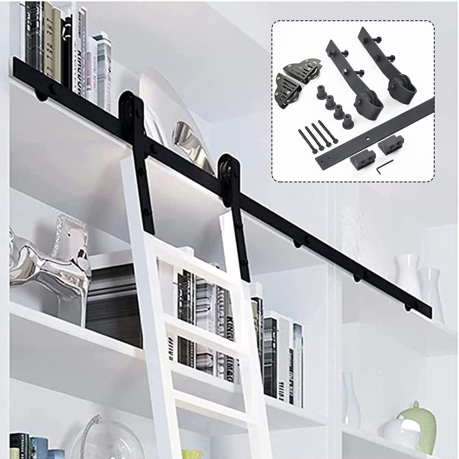 OOPDNEGAK Rolling Ladder Hardware Library No Ladder - Sliding Barn Door Hardware Kit, Bookcase Sliding Ladders Rails, 100-800cm Sliding Ladders Track, Carbon Steel Flat Rail(400cm(13.1 ft) track kit)