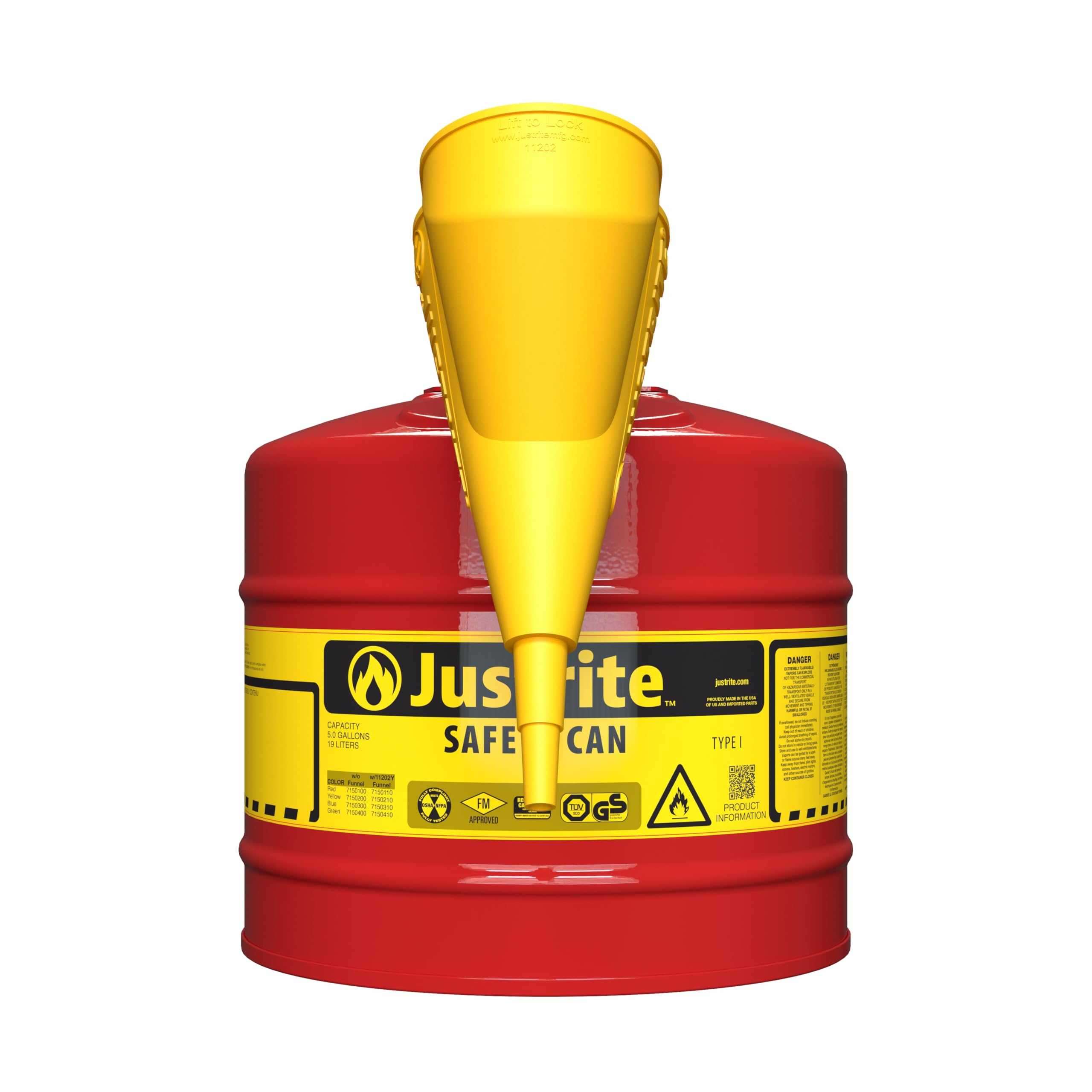Justrite 7150112 Safety Can with Funnel, 5 Gallon Capacity, Red