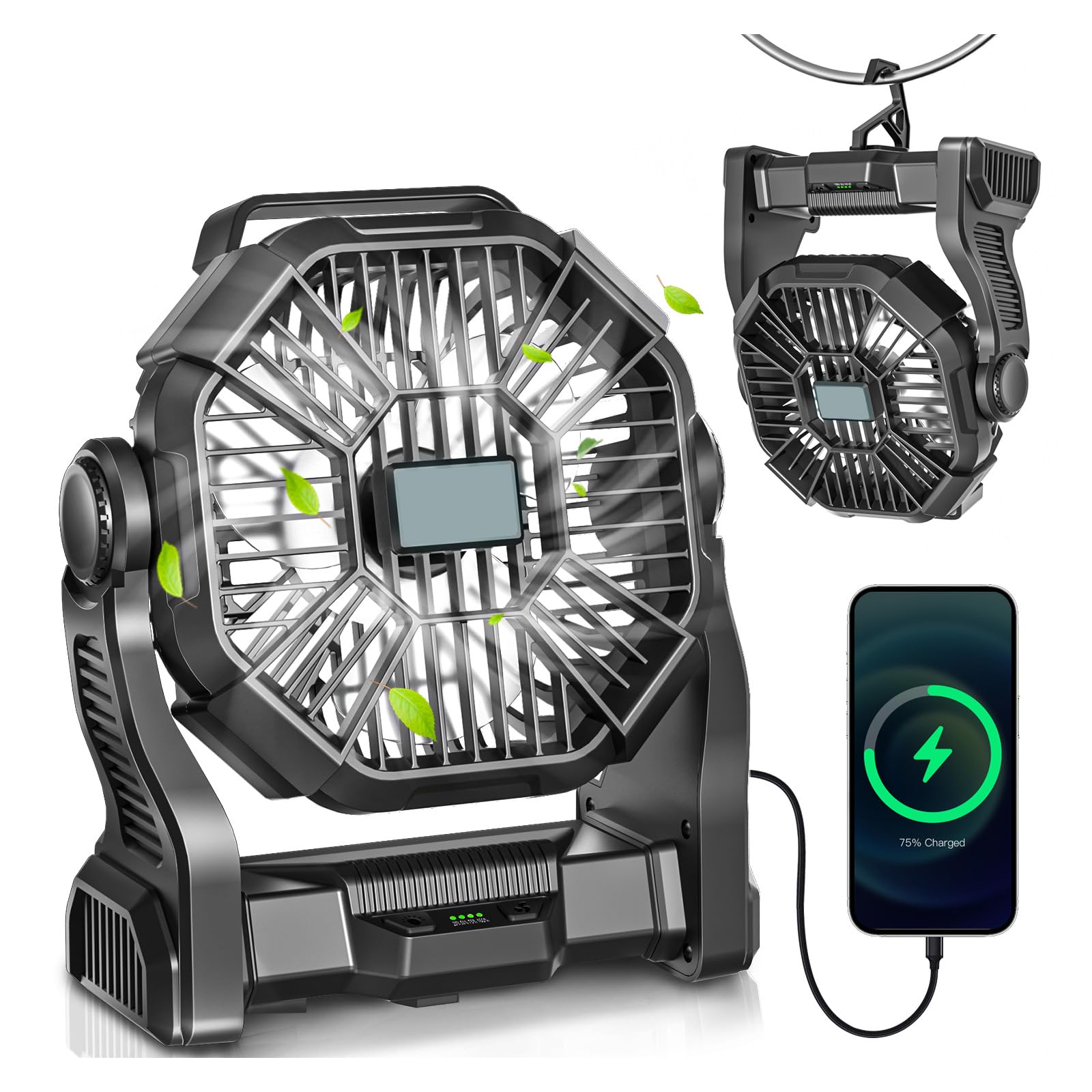 AEscod Portable Camping Fan, Rechargeable Battery Operated with LED Lights, Hanging Hook, 270°Rotation, 20000mAh Battery Powered Fan for Beach, Office