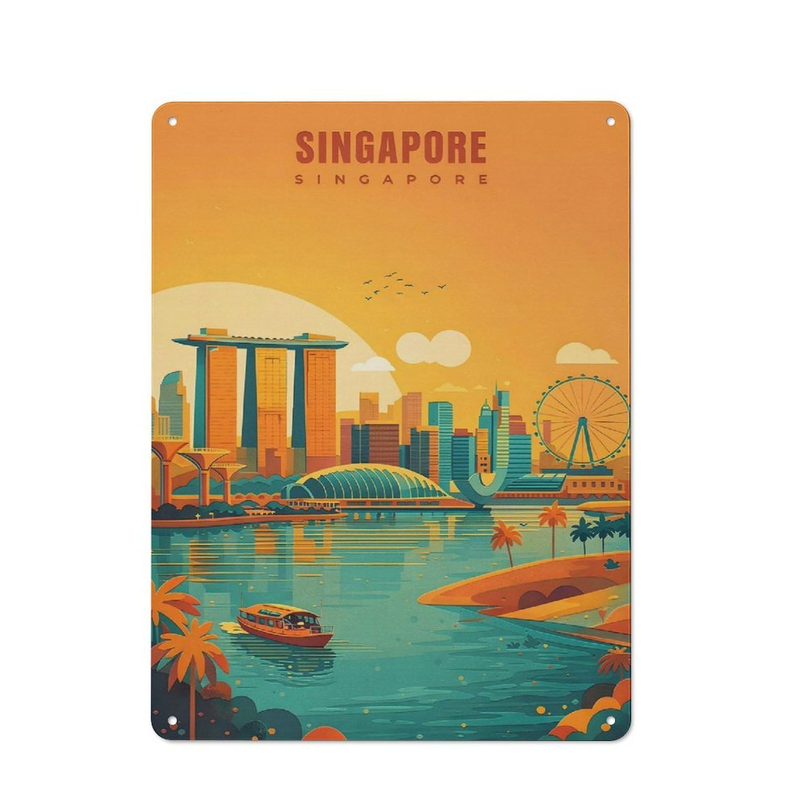 Junmoney Style-16 Everyday Singapore Skyline Decorative Tin Plaque 40X30cm, Room Wall Plaque For Bedroom, Kitchen, Office Or Living Room