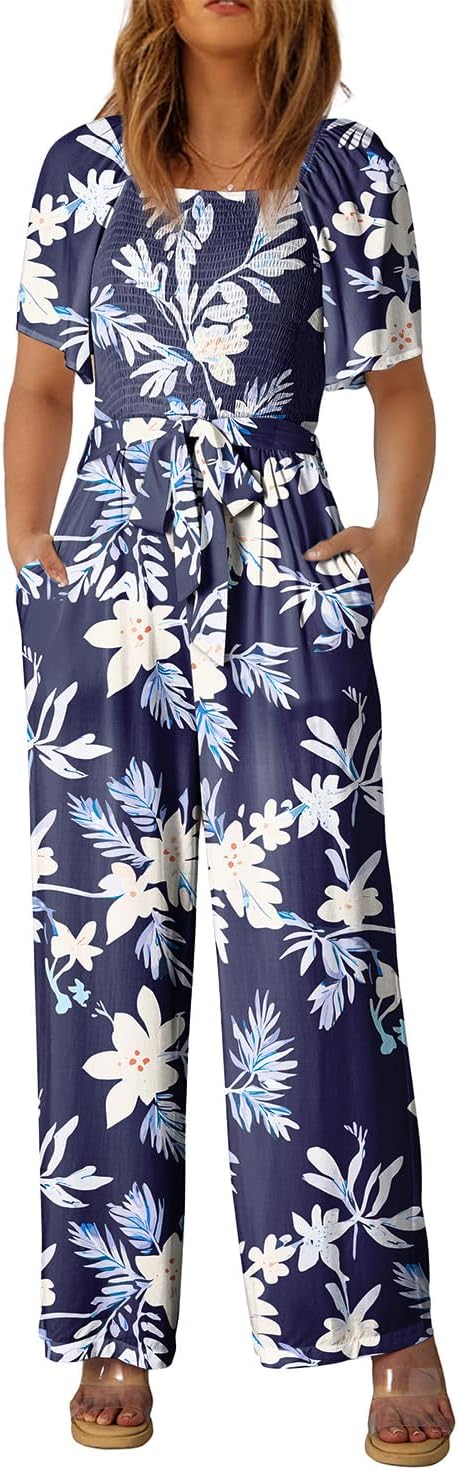 Happy Sailed Womens Summer Jumpsuits Floral Printed Short Sleeve High Waisted Pockets Wide Leg Rompers Beach Vacation Outfits