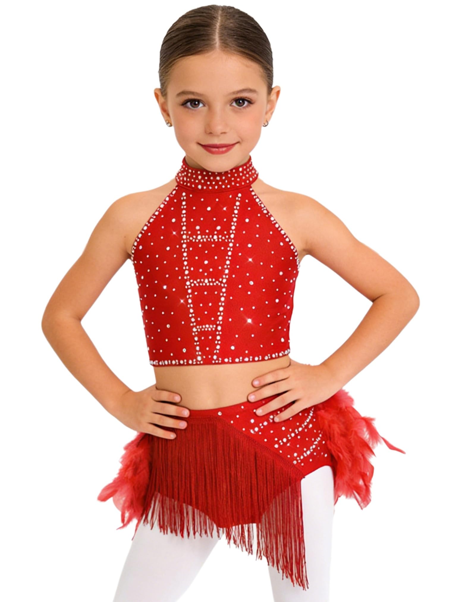 renvena Vestito da Ballo Latino Americano Bambina Strass Crop Top Danza Classica Moterna Canotta e Gonna con Piume Abito da Ballo Lirico Contemporaneo