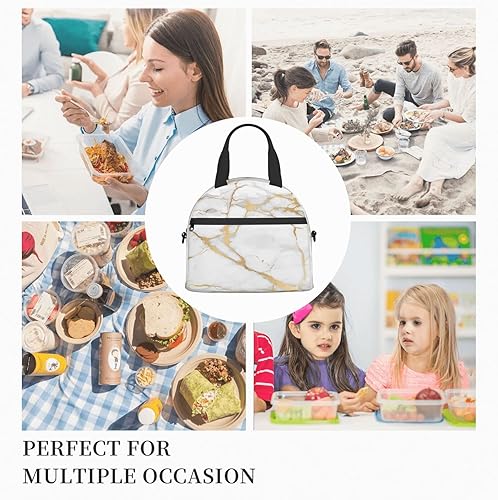 Miniatura 8 de Bolsa de almuerzo con textura de mármol, reutilizable, aislada, bolsa de almuerzo con correa de hombro ajustable para oficina, trabajo, escuela,