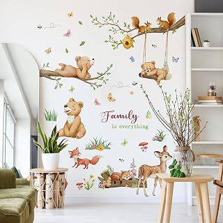 Forest Animal Family Wall Stickers Watercolor Bear Fox Deer Wall Decals Spring and Summer Peel and Stick Decor for Kids Room Living Room