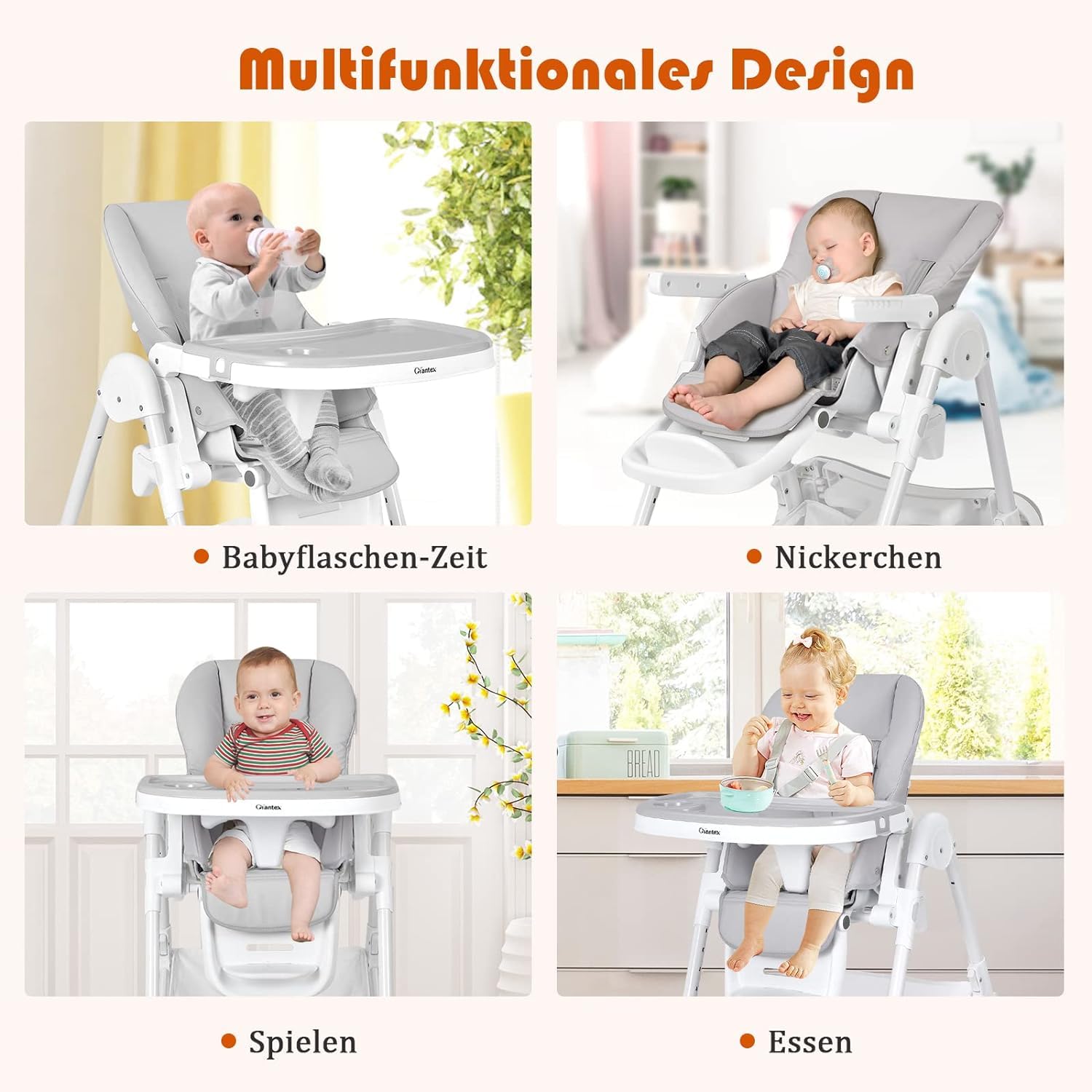 GOPLUS Trona Evolutiva Plegable Bebe para 6-36 Meses Hasta 15 kg, Silla Comer Portatil, 6 Niveles de Altura, 3 Ajustes de Reposapiés,5 Inclinaciones de Respaldo,Funda de PU, Cesta de Juguetes (Gris)