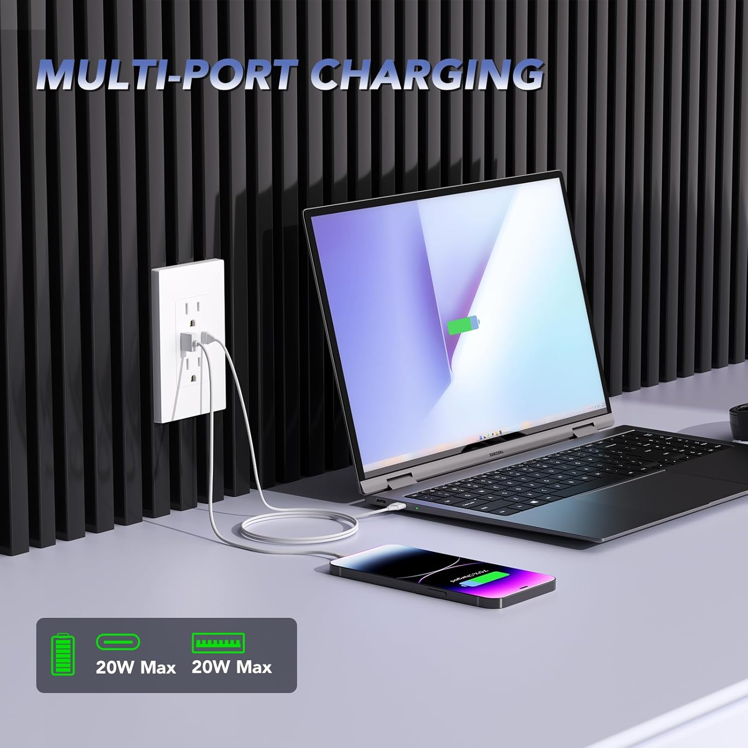 BSEED Smart Wall Outlet with 20W Type-C Ports, Smart Wall Socket with 18W USB Ports, Fast Charging for iPhone/iPad/Android Devices, Supports Matter, White, 1 Pack