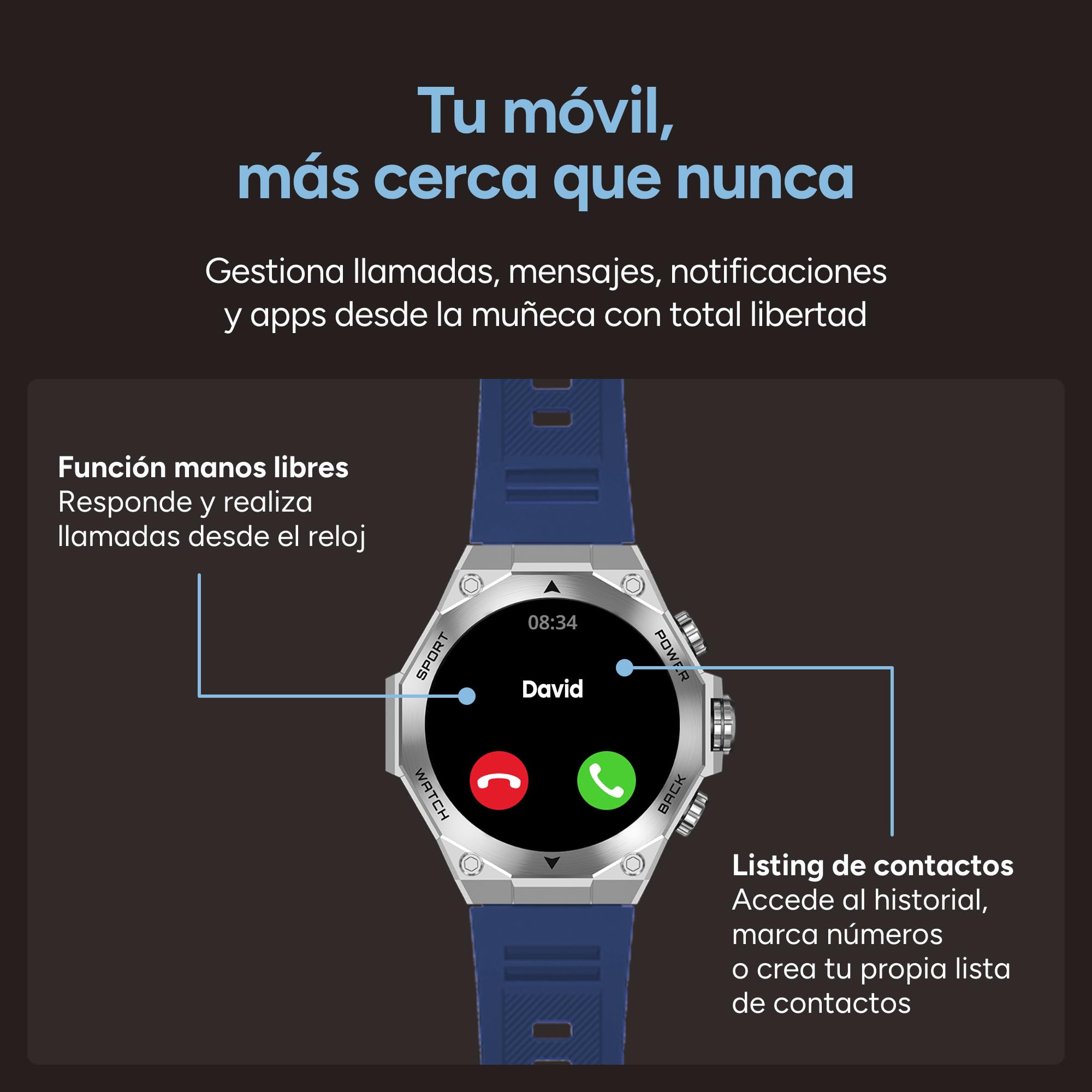 KSIX Smartwatch Titanium Go - Reloj Inteligente Hombre Pantalla AMOLED 1.43", Diseño Cronógrafo, Llamadas, IP67, Compatible con iPhone® y Android®, 2 Correas Acero Plateada y Silicona Azul