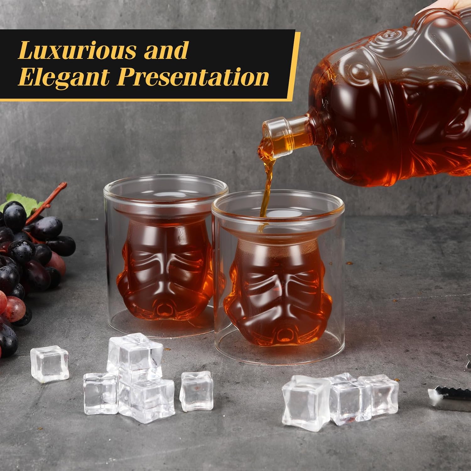 Reallnaive 25 oz Whiskey Decanter Set for Men, Husband, Dad Birthday Gift Transparent Creative 750ml Whiskey Flask Carafe Decanter with 2 Pcs 150ml Glasses for Wine, Liquor, Bourbon, Brandy