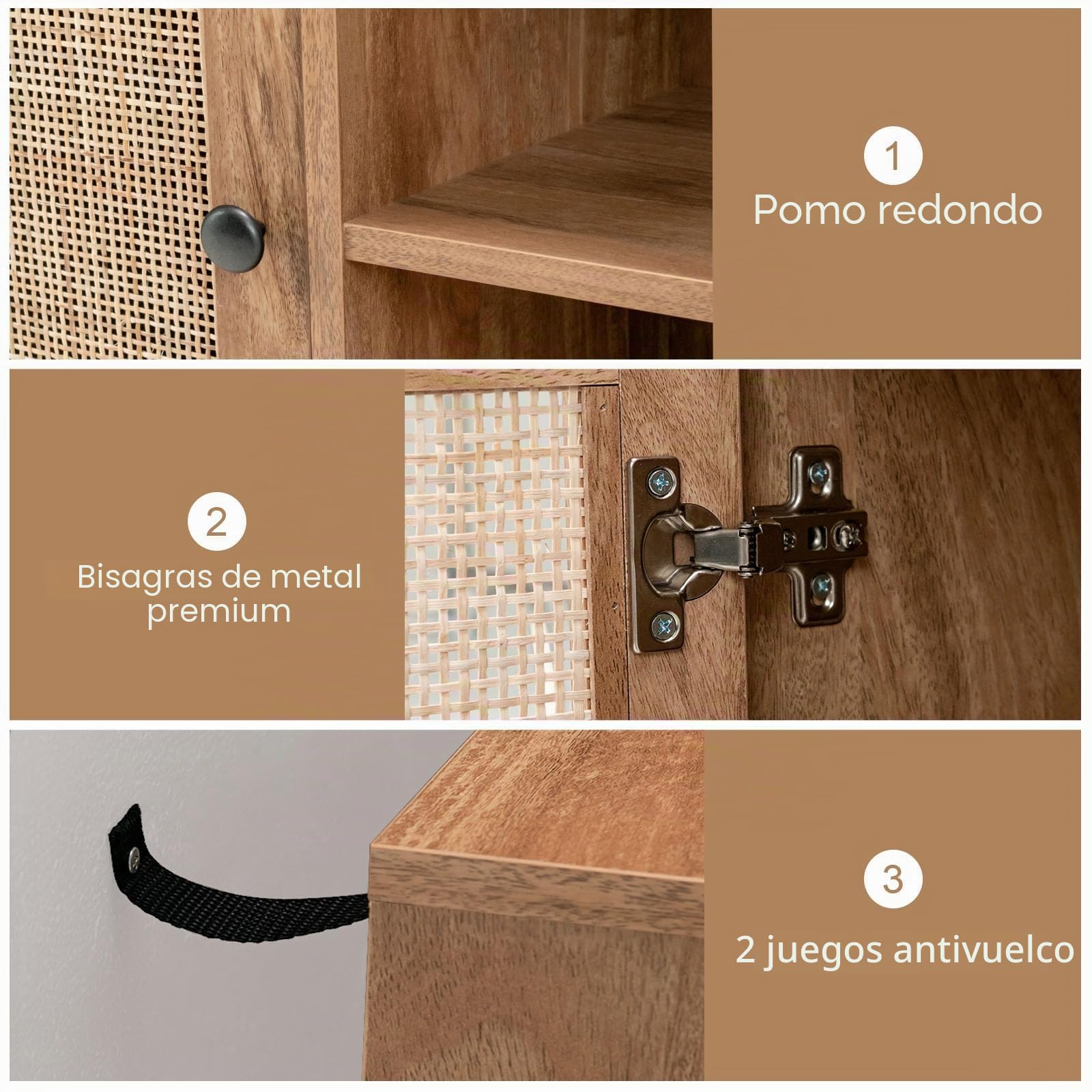 KOMFOTTEU Aparador de Cocina con Puertas de Ratán y 4 Estantes Abiertos | Armario Auxiliar de Madera, Mueble Buffet con Almacenamiento para Comedor y Salón, 80 x 29,5 x 97 cm