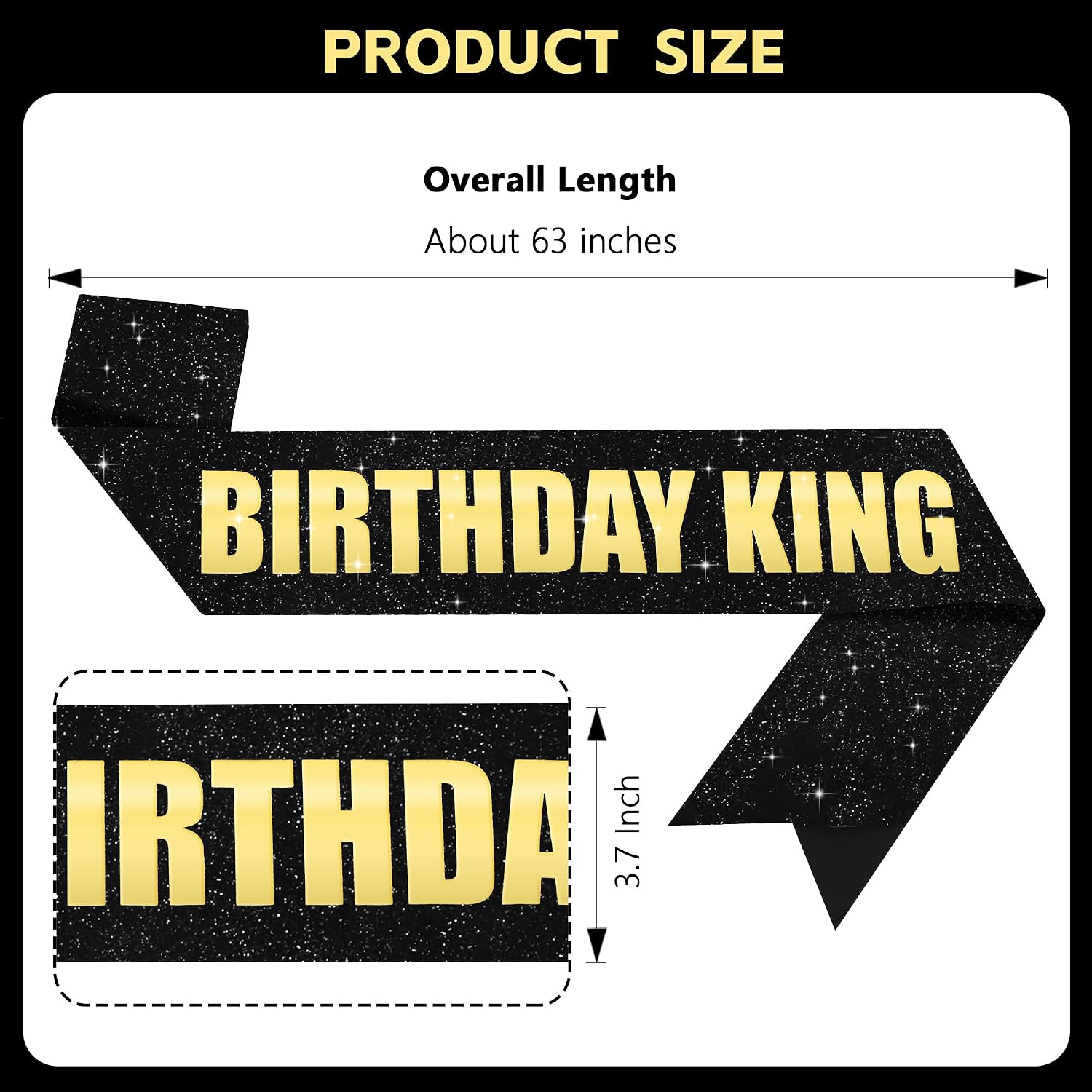 Vuzvuv Glitter Black Satin Birthday King Sash with Gold Foil Letter for Men and Boys, Funny Party Decorations