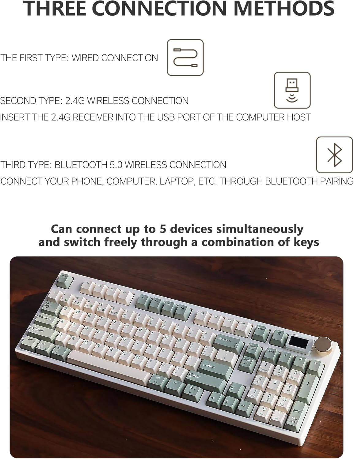 Diagram illustrating wired, 2.4GHz, and Bluetooth connection methods