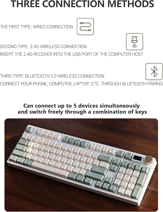 NJ98 Wireless Custom Mechanical Keyboard with Screen Knob 96% Hot Swappable RGB Keyboard Mac Windows (Pale Green, Brass Plate-Box Taro Ice Cream Pro)