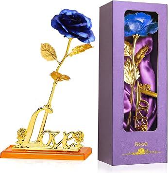 Blue Rose Gift for Women, Mom Gifts from Daughter Son, 24K Gold Rose, Birthday Gifts for Women, Artificial Rose Flower Gifts, Forever Rose, for Her Blue