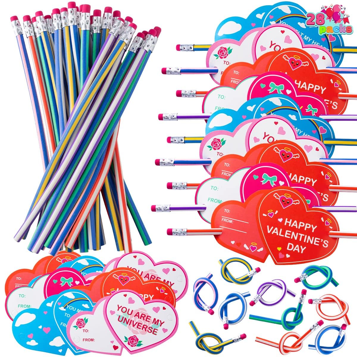 JOYIN 28 Pcs Valentine Bendy Pencils, with Cross Through Heart Shaped Greeting Cards, Classroom Exchange Party Favors Kids gifts for School Classmates Reward Prizes