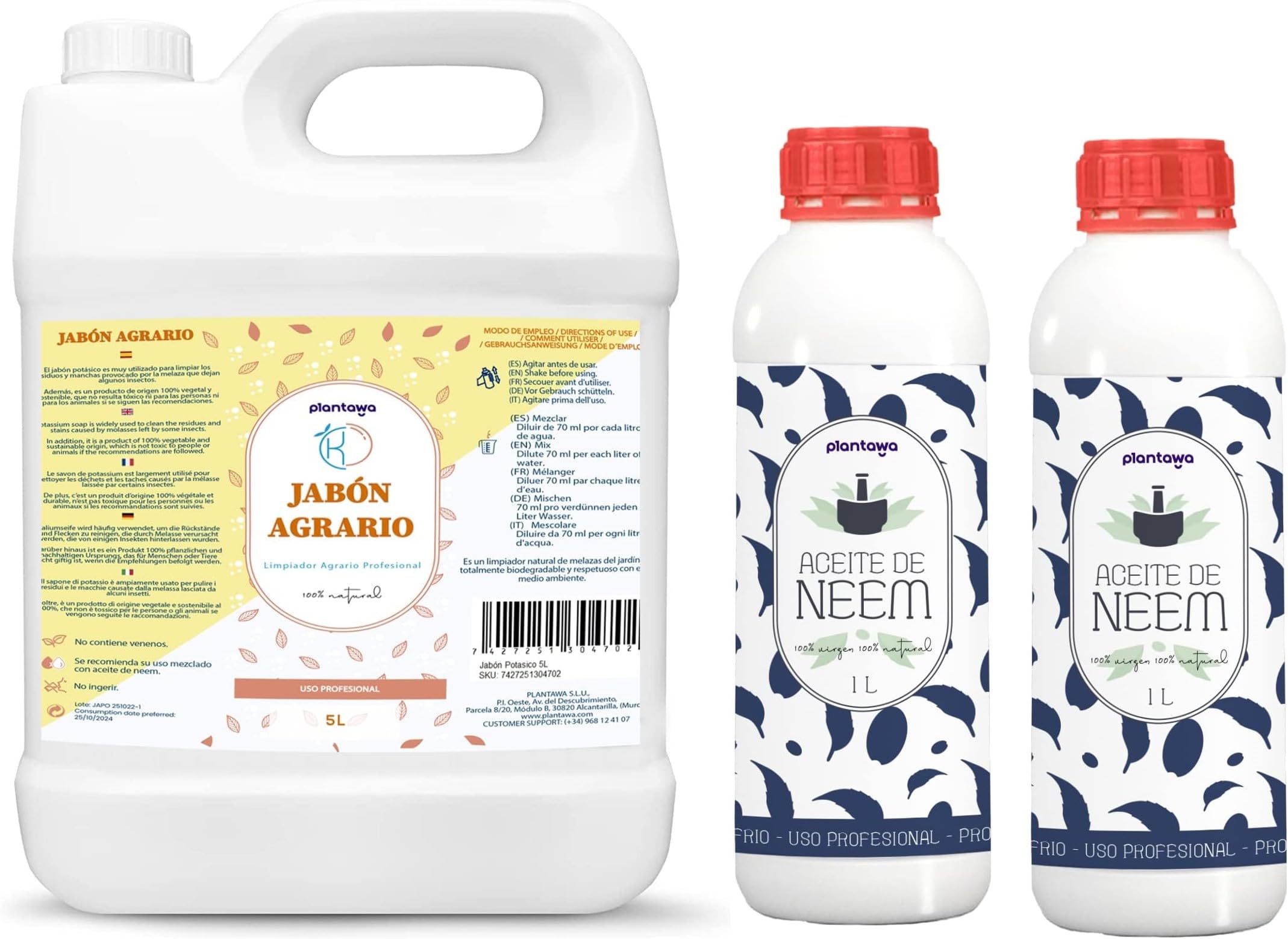 Jabón Potásico 5L con Aceite de Neem 2x1L, Protección para Plantas: Cochinilla, Pulgones, Mosca Blanca, Araña Roja, 100% Sostenible, 100% Puro