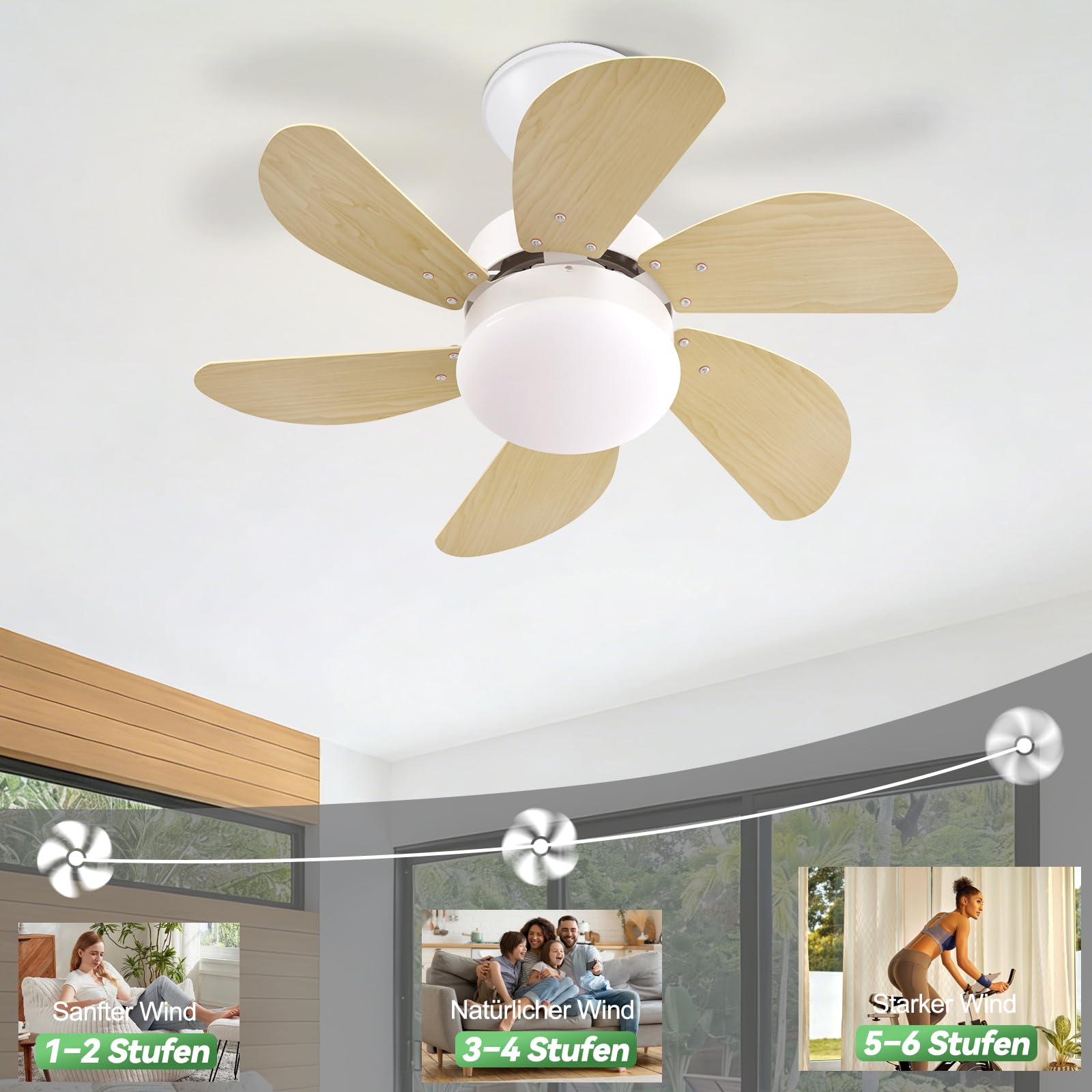 Homefire Ventilador de techo silencioso luz - Lámpara de sala de estar | Ø75 cm con aspecto de madera - Bombilla E27 - Ideal para verano/invierno para dormitorio, comedor o mesa