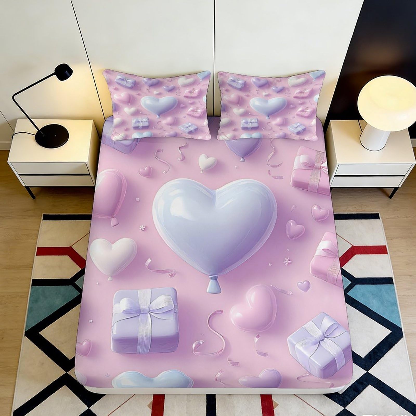 3D Printed Pink Heart Balloon Fitted Sheet Microfiber Soft Breathable Romantic Gift Mattress Cover for Bedroom Dormitory Guest Room Protection 180x200x25cm