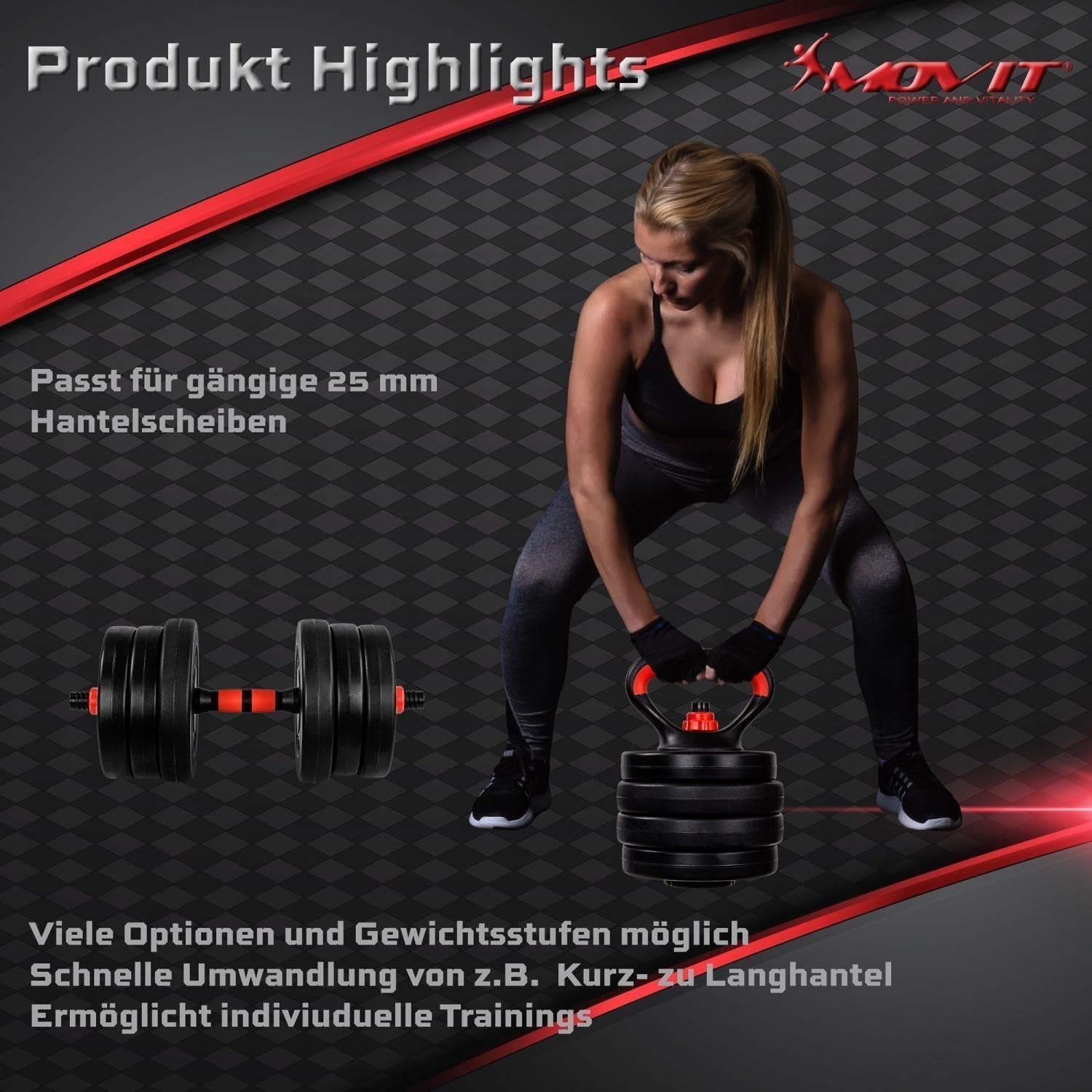 MOVIT Hanteln Set - 6in1, 20/30kg, XXL, Verstellbar, Kunststoff, Push Up Griffe, Schwarz und Rot/Orange - Dumbbell Set, Hantel Gewichte, Verstellbare Kurzhanteln, Kettlebell, Hantelset für Zuhause