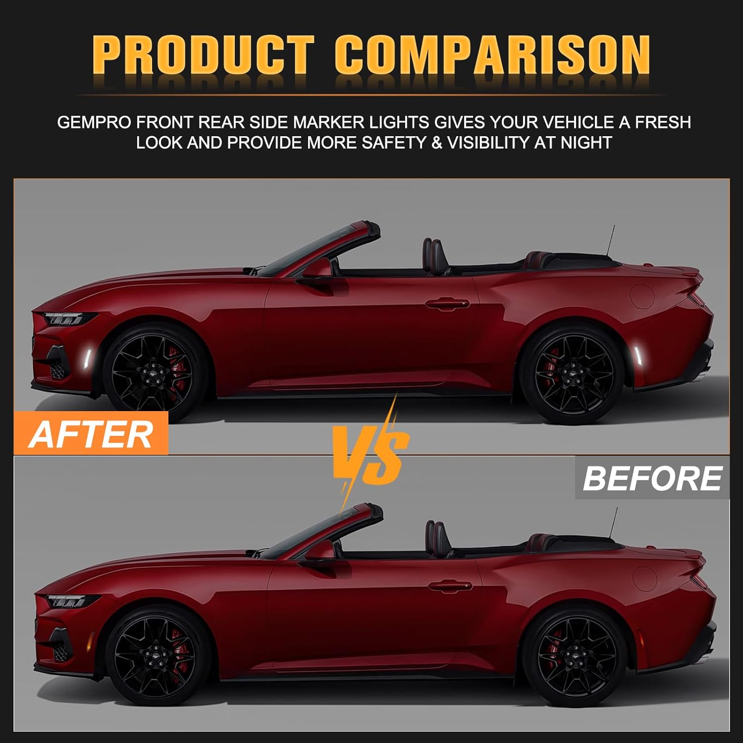 Gempro LED Bumper Fender Side Marker Light Xstyle All White Compatible with Ford Mustang 2024 2025 Clear Lens Front Rear White Lamps Spirit Snake Series Pack of 4 [PATENT PENDING]