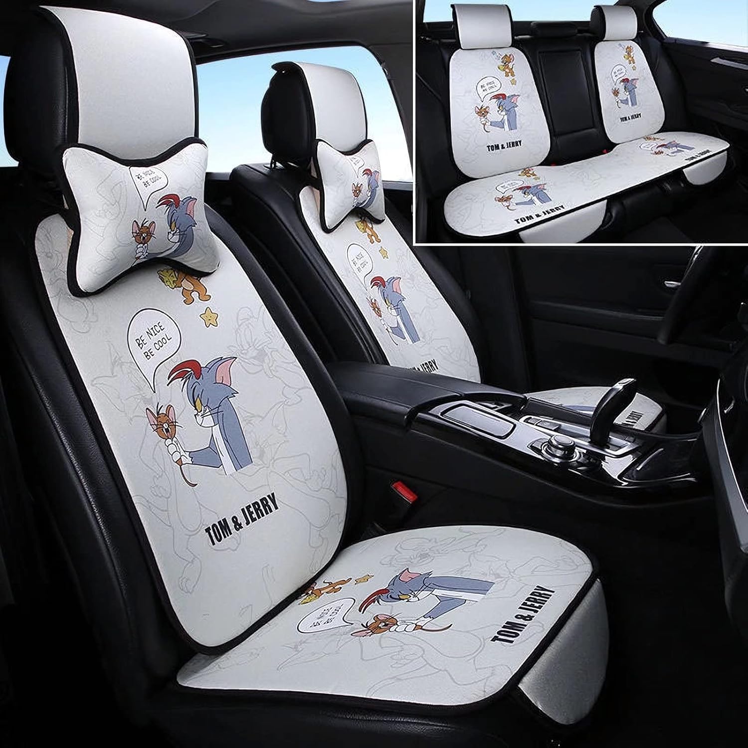 シートカバー 7点セット かわいい トムとジェリー フロントシートカバー 車のヘッドレスト 汎用 前席 麻 車 座席 防汚 カーシートカバー シートエプロン 乗用車 自動車 軽自動車 普通車 運転席 助手席 通気性 滑り止め 漫画 四季通用 日本最大のブランド
