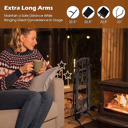 Miniatura 3 de Goplus Juego de herramientas para chimenea de 5 piezas, herramientas modernas para chimenea al aire libre con asas fáciles de agarrar, póquer,