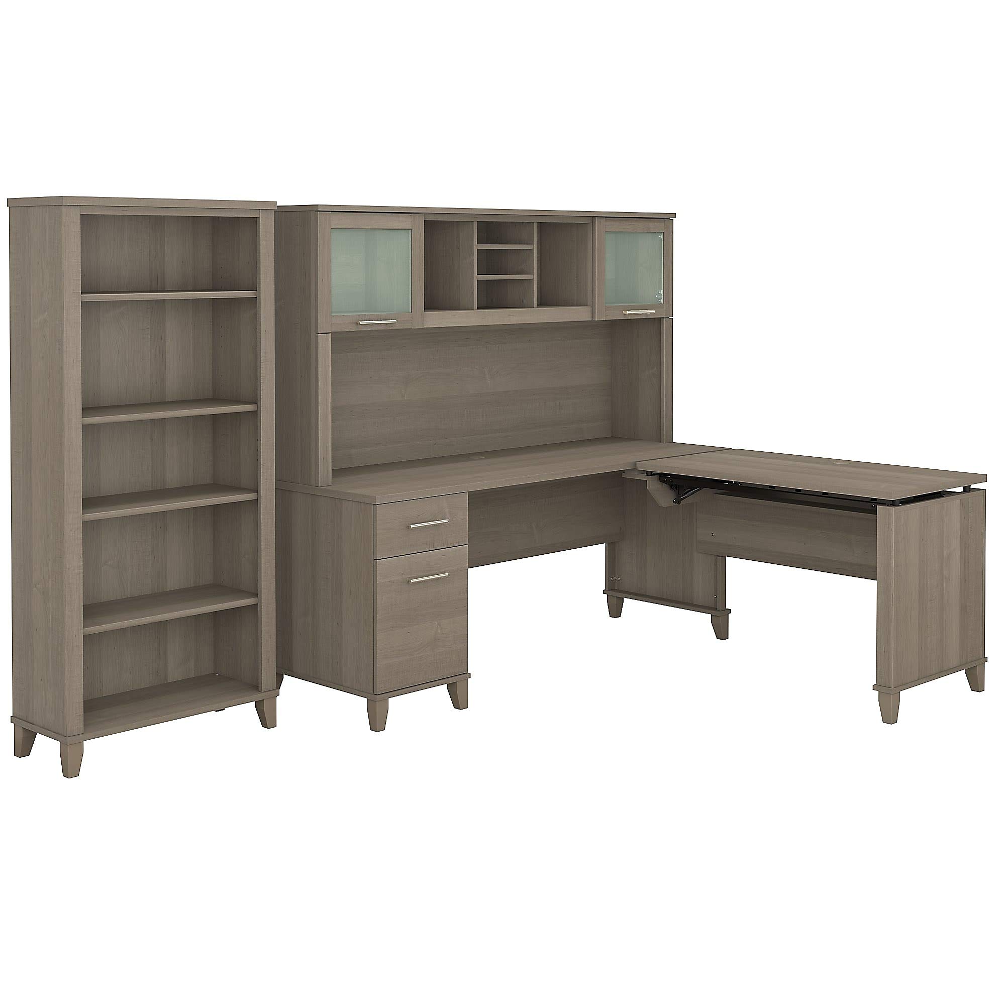 Bush Furniture Somerset 72W 3 Position Sit to Stand L Shaped Desk with Hutch and Bookcase in Ash Gray