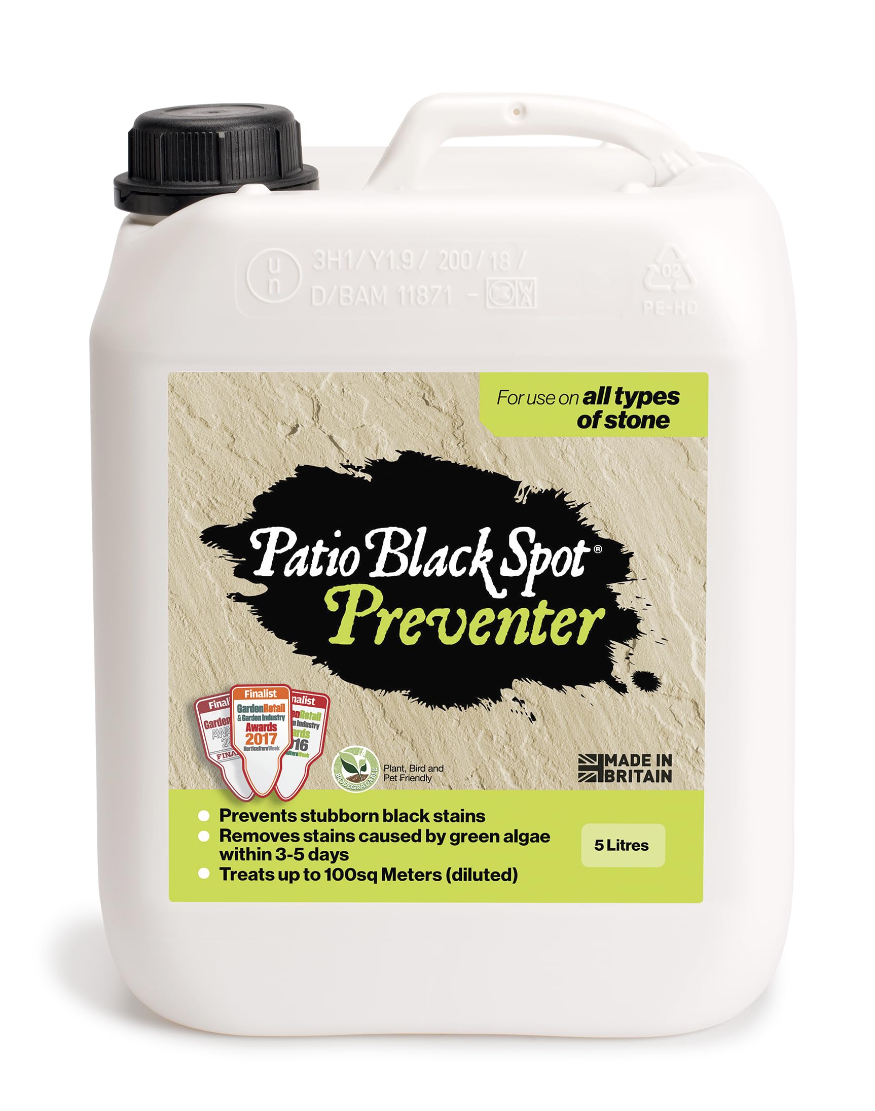 Patio Black Spot Preventer All Stone Types – Maintain Natural Colour, Prevent Regrowth of Black Lichen, Slippery Green & Red Algae, and White Fungi – Spray and Leave Patio and Driveway Cleaner – 5L