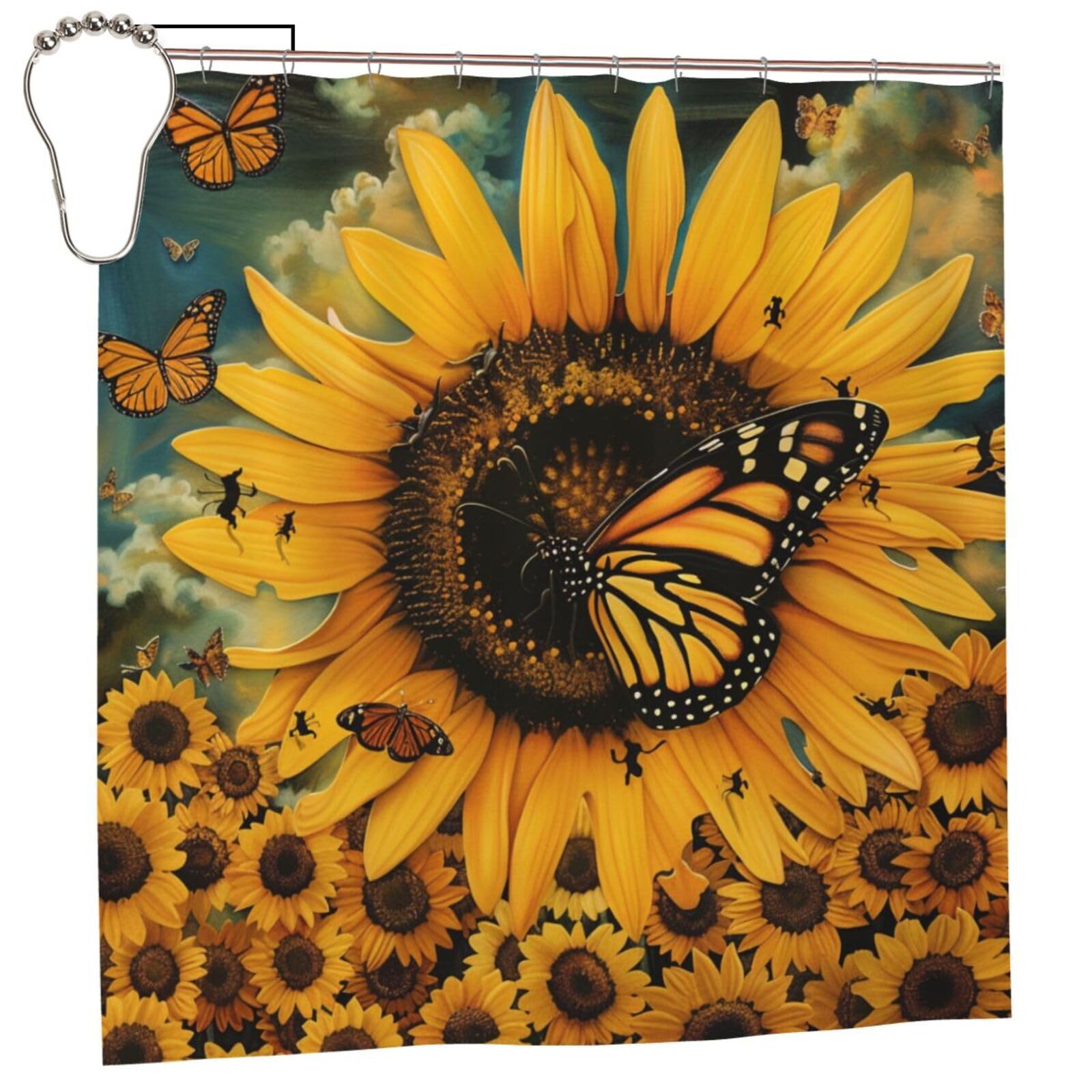 BWWHCCTI butterfly and sunflower Printed Shower Curtain With 12 Iron Hooks Opaque Quick Drying Waterproof Shower Curtains Sets For Bathroom 183x183 CM