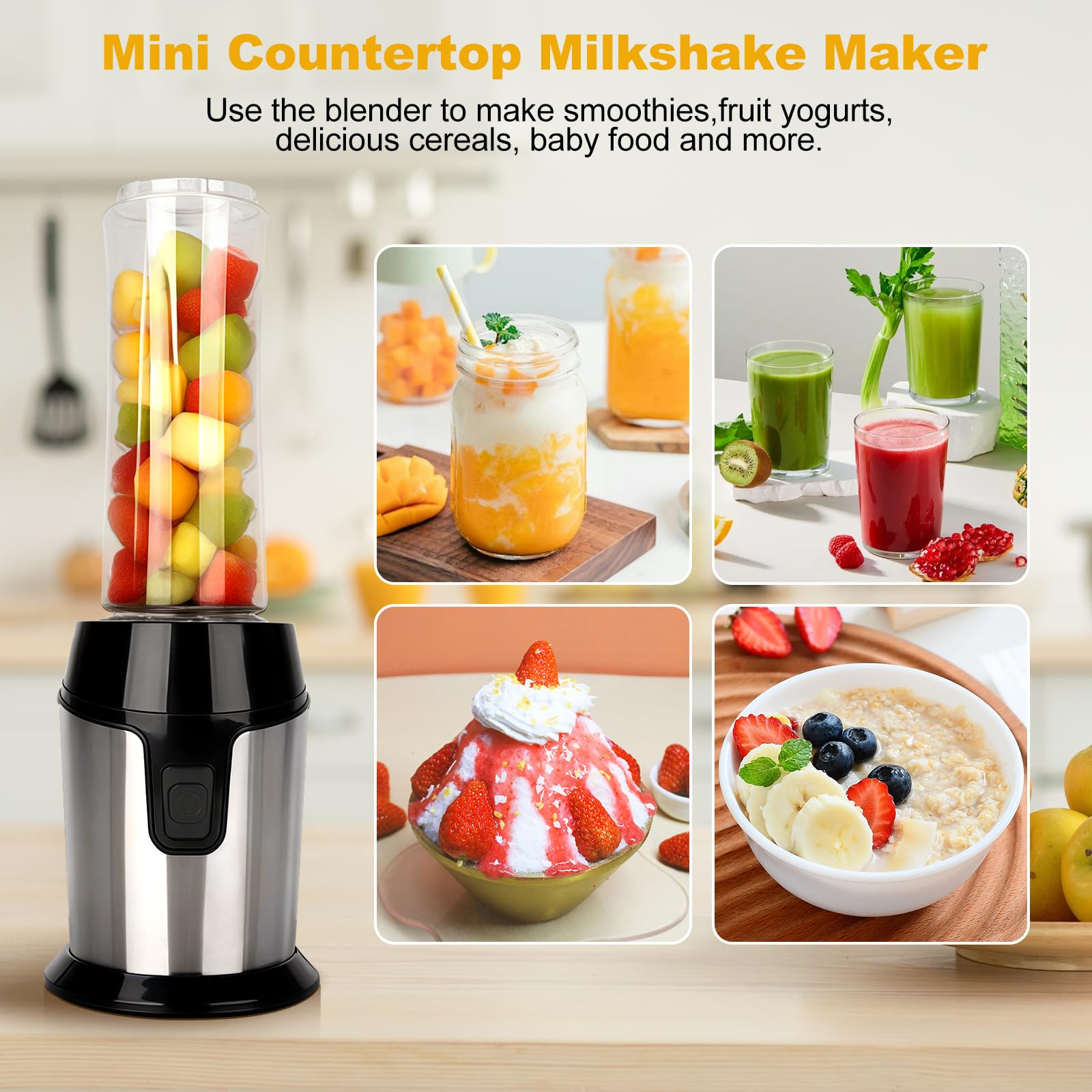 heuchaey Mini frullatore elettrico frullatore frullatore portatile con 2 bottiglie BPA-Free portatili da 600 ml, con 4 lame in acciaio inox, per frullati e alimenti per bambini