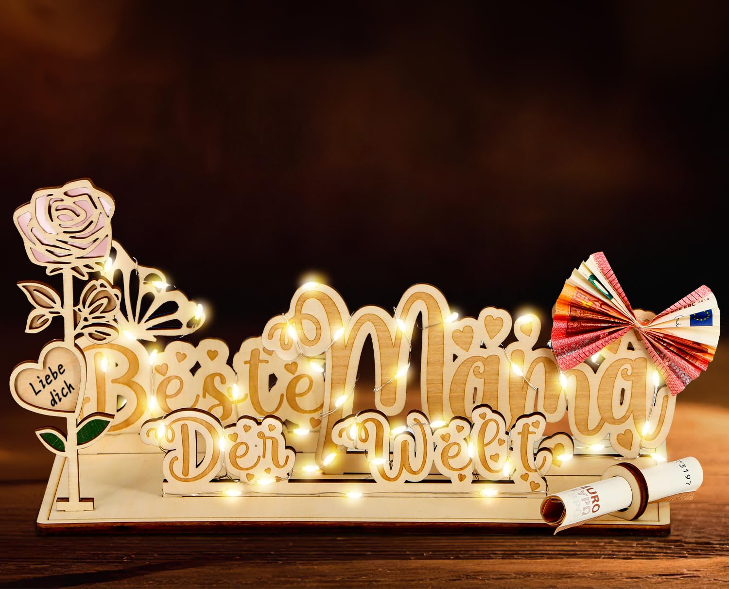 Giftota Mama Geschenk - Muttertagsgeschenk - Beste Mama der Welt - Geburtstagsgeschenk für Mama, Geldgeschenke Holz mit LED Lichterkette