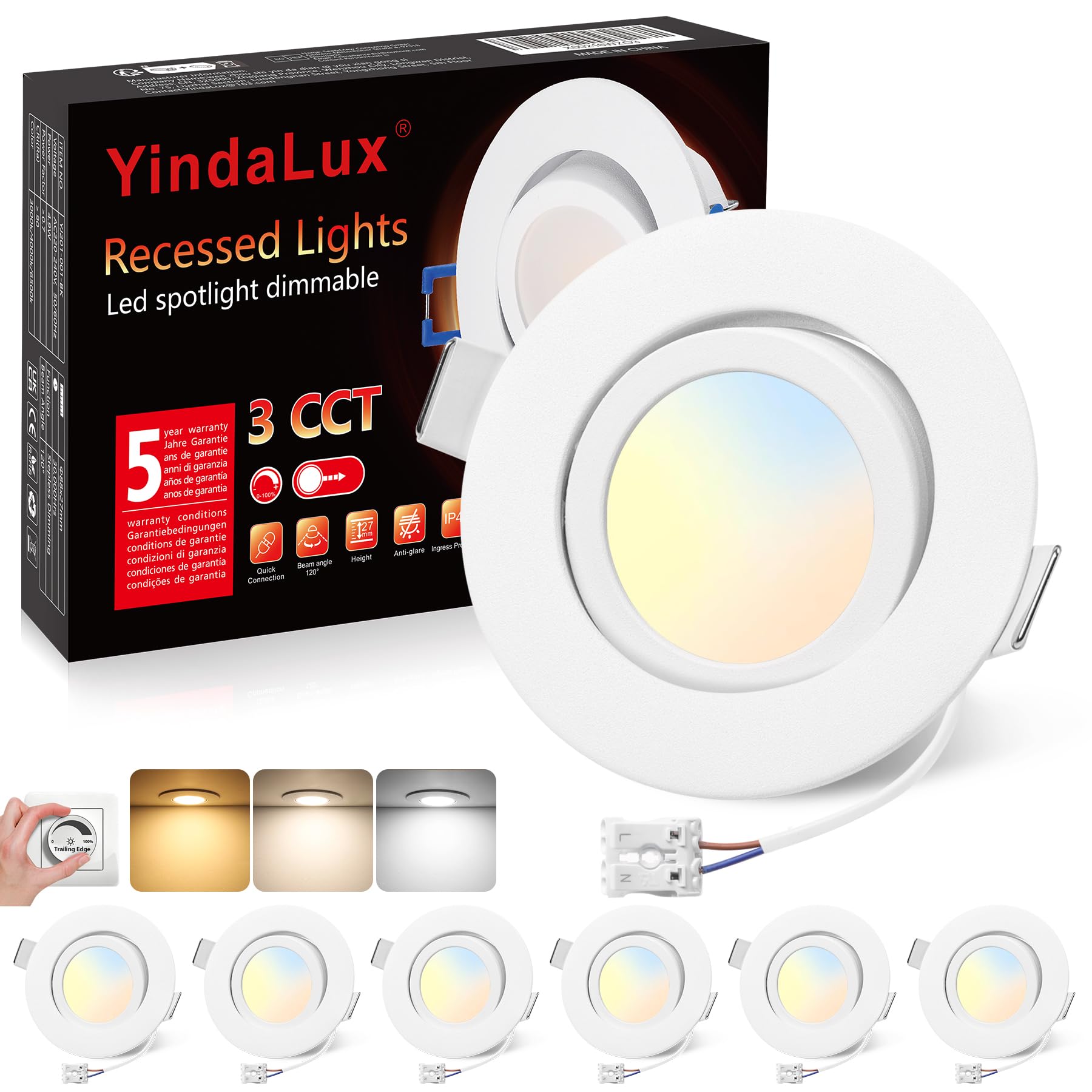 YindaLux LED Einbaustrahler 230V LED Spots 5W Dimmbar 68mm, IP44 Deckenspots 45° Schwenkbar, Warmweiß Neutralweiß Kaltweiß, Spots Deckenleuchte für Badezimmer Küche Wohnzimmer, Weiß 6er Set