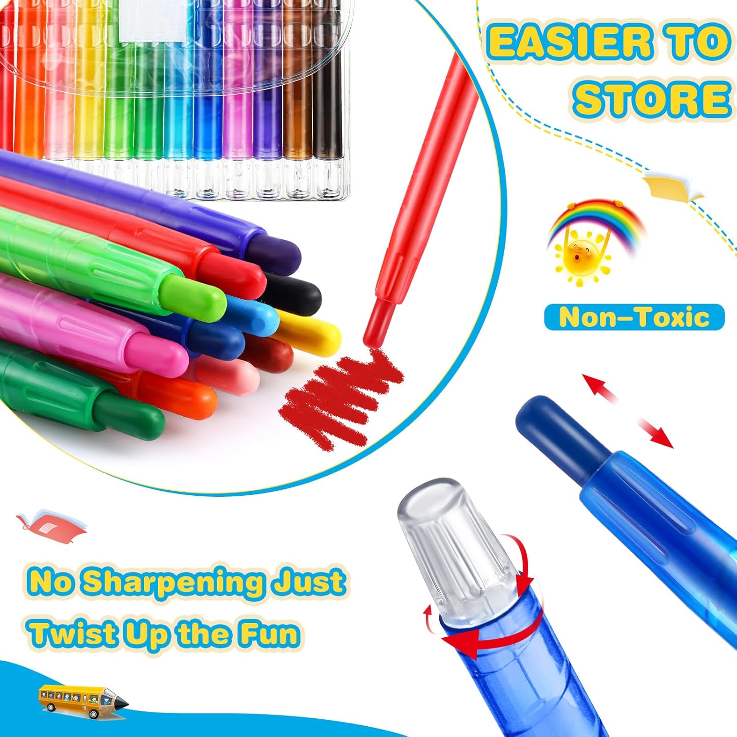 24 Sets 12 Color Mini Non Toxic Crayons Coloring Drawing Art Supplies Twist up Propelling Assorted Color Crayon for Office