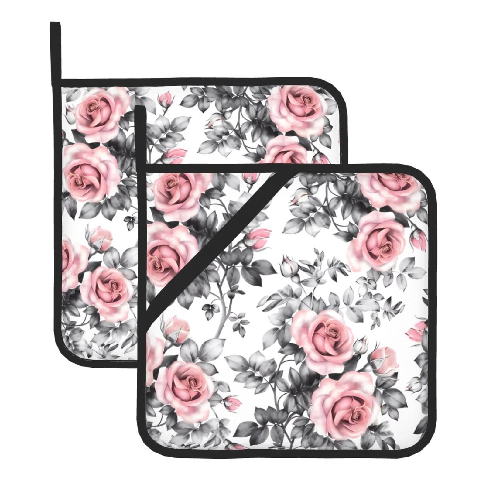 HJFCZH White Watercolor Floral Rose Prints Square Hot Pads for Kitchen Counter - Waterproof Pot Holders, Durable Heat Resistant Throw Layers for Serving, Oven & BBQ - 2 Pack