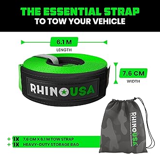 Rhino USA Recovery Tow Strap (7.6 cm x 6.1 m) - 13,600 kg Break Strength - Emergency Recovery Strap Tow Rope for Truck, UTV, ATV & More - Heavy Duty Towing Strap for Offroad 4X4 Use - Green