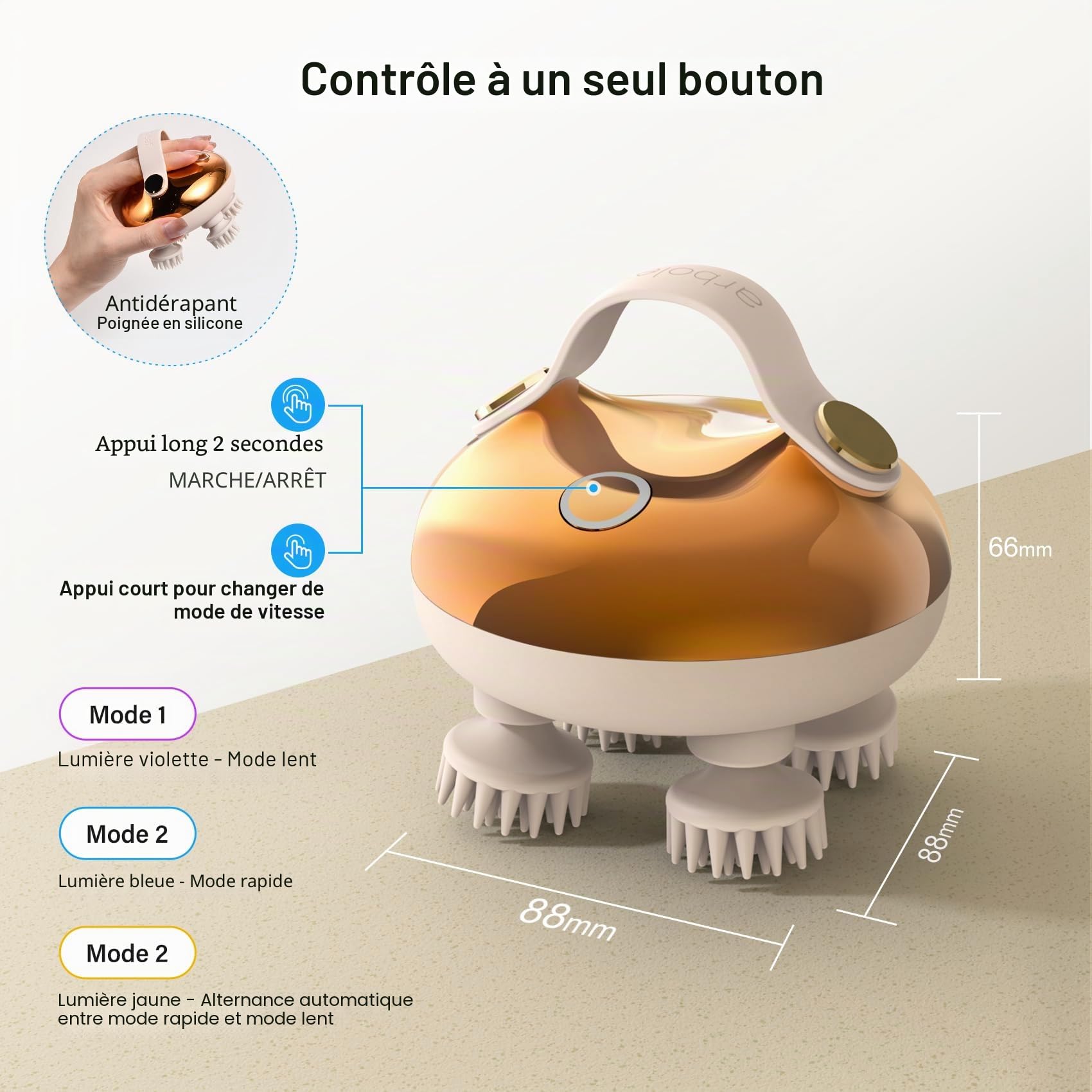 arboleaf masseur de tête électrique, masseur de cuir chevelu IPX7 imperméable à l’eau avec 8 têtes de massage et 3 modes de massage, masseur de tête pratique pour la relaxation (Golden)