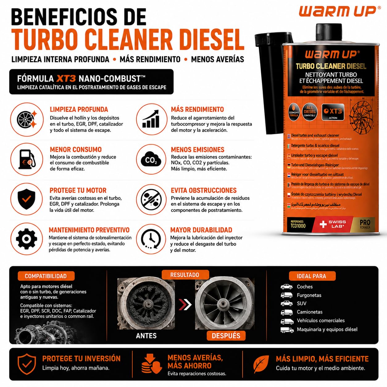 WARM UP Turbo Cleaner Diesel TCD1000 1L | Limpiador de Turbo Diésel y Sistema de Escape | Ayuda a Limpiar Geometría Variable, EGR, FAP/DPF y Catalizador | Tecnología XT3 + XT2
