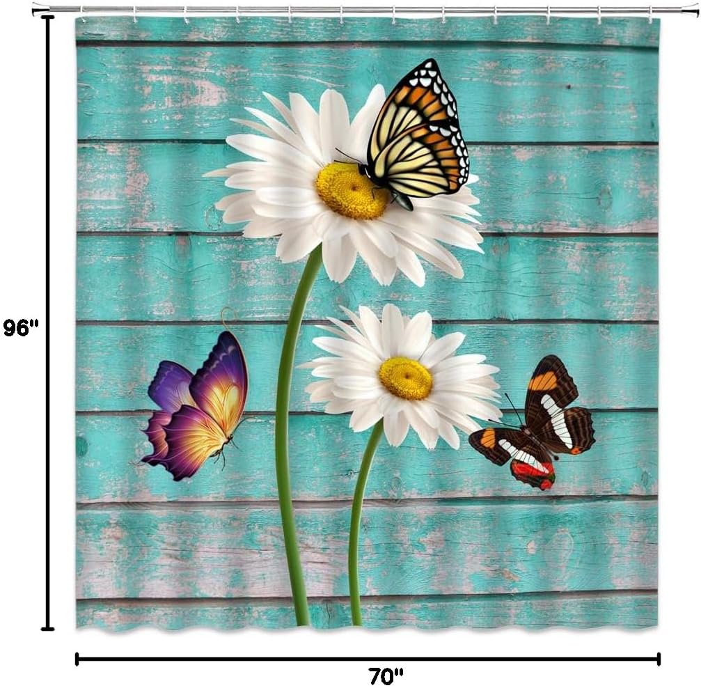 Rustic Daisy Shower Curtain Farmhouse White Daisy Flower Butterfly Vintage Teal Wooden Barn Door Farm Spring Flower Nature Botanical Retro Countryside Bathroom Decor Fabric Curtain with Hooks