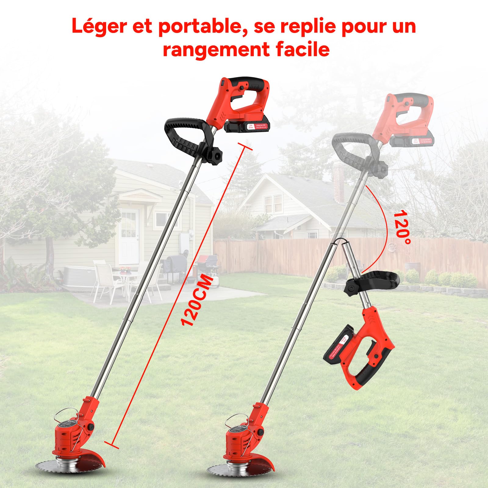 Débroussailleuse Électrique sans Fil sans Balais avec 2 Batteries et 4 Lames, Poignée Réglable, Portable pour Couper l'Herbe