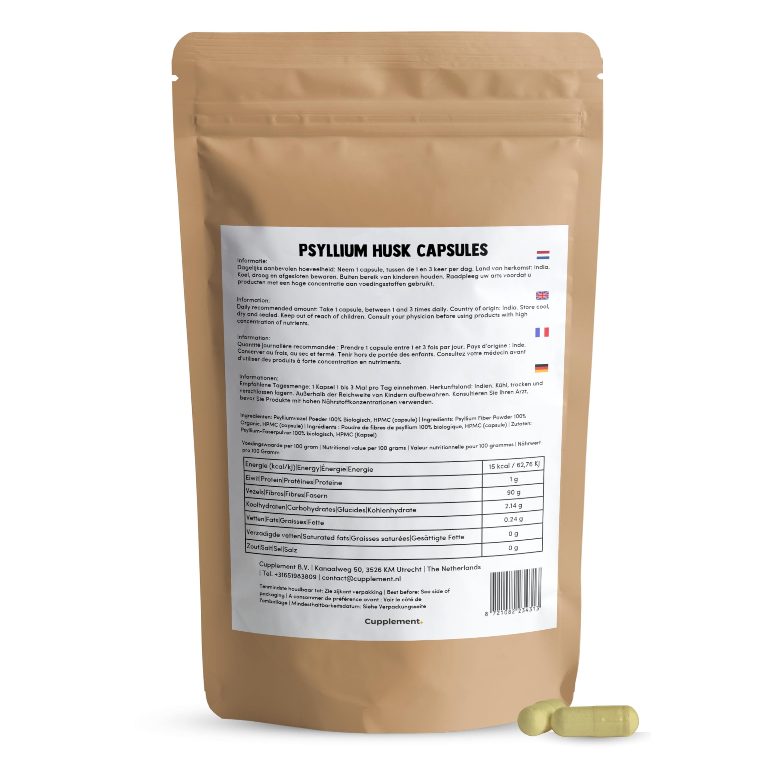 Flohsamenschalen (Psyllium Husk) Kapseln 500 mg Kombideal 4x 60 Capsules - Vezel - Faserergänzung - Kapseln - Vezel Flohsamen - Darmgesundheit - Vegan - Ohne