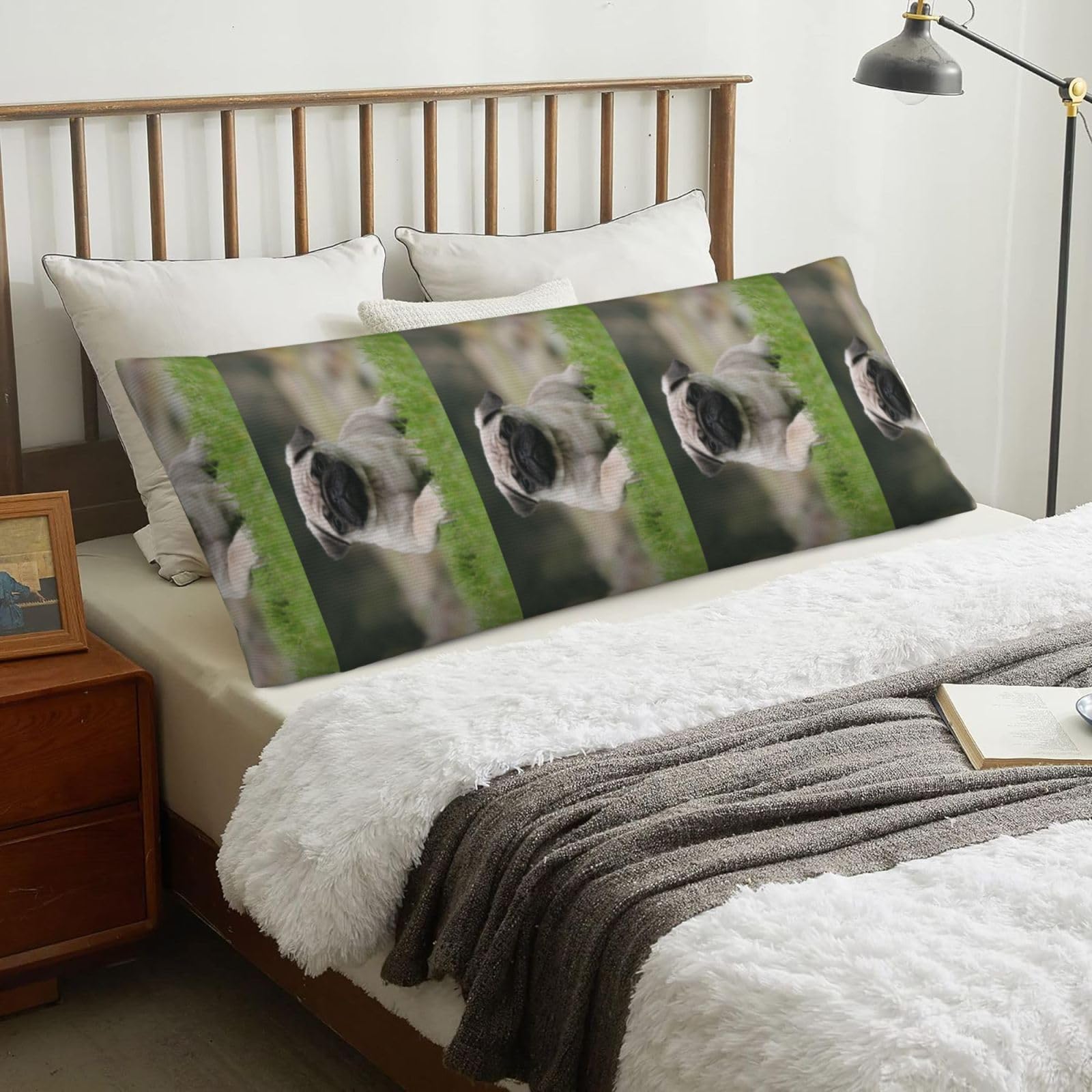 Pug Bokeh Puppy Dogs Lawn Pets Pug, Body Pillow Cover with Zipper,Long Body Pillowcase 20 x 60 in