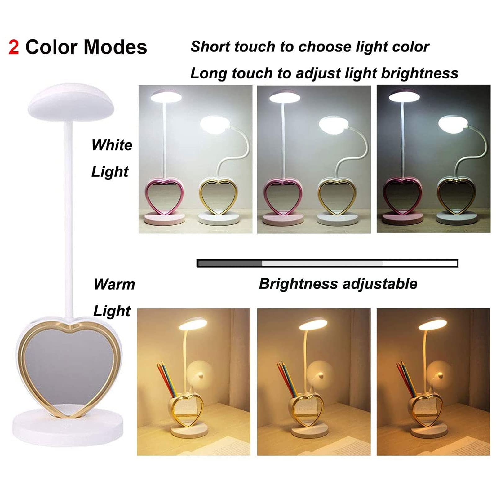 Lampada Da Scrivania LED Ricaricabile Per Ragazze - Rosa, Con Porta USB, Portapenne, Specchio, Dimmerabile - Foto 3